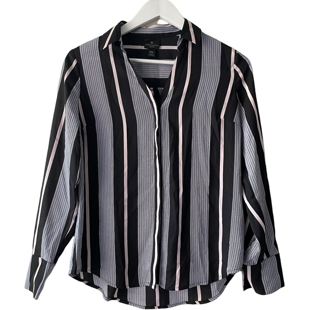 Worthington Black & Pink Striped Button Down Long Sleeve Chiffon Shirt - PXS